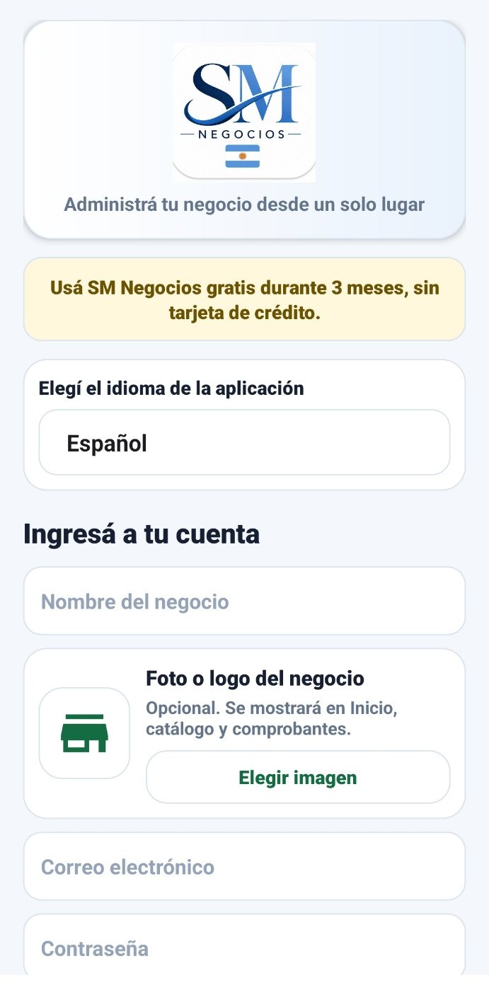Pantalla de acceso de SM Negocios